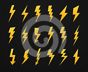Yellow lightning silhouette. Electrical power high voltage, thunderbolt flash and energy lightnings silhouettes icons
