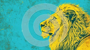 a yellow lion is standing in front of a blue background