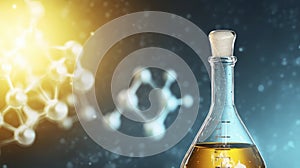 Yellow Liquid In Flask With Molecular Structures Background Image