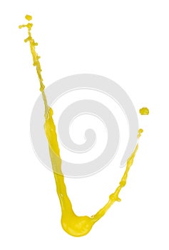 Yellow liquid flying explosion, pigment corn banana juice fresh float pour in mid air. Yellow paint color splash spill drop