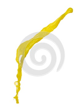 Yellow liquid flying explosion, pigment corn banana juice fresh float pour in mid air. Yellow paint color splash spill drop