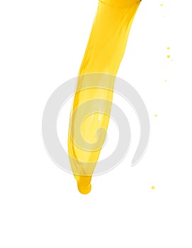 Yellow liquid flying explosion, pigment corn banana juice fresh float pour in mid air. Yellow paint color splash spill drop