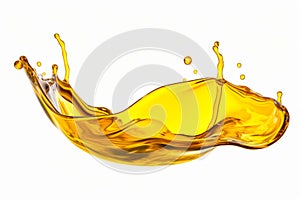 Yellow liquid splashing out of white background with white background. Generative AI
