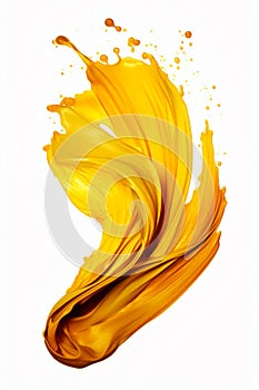 Yellow liquid swirls into the air on white background. Generative AI