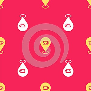 Yellow Location with coffee cup icon isolated seamless pattern on red background. Vector