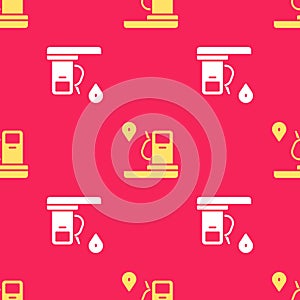 Yellow Location and petrol or gas station icon isolated seamless pattern on red background. Car fuel symbol. Gasoline