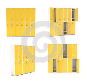 Yellow lockers for schoool or gym. Set of closed and open sections