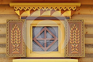 Yellow Log Cabin Wall With One Ornamental Window