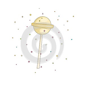 Yellow lollipop fun cartoon vector icon. Sweet round lollypop cartooning illustration with decoration on white
