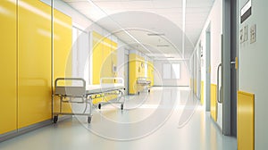 Yellow Long hospital bright corridor with rooms and seats