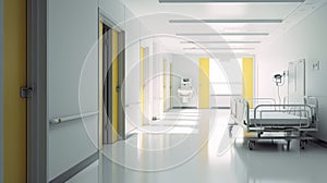 Yellow Long hospital bright corridor with rooms and seats