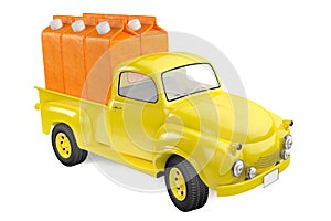 Yellow lorry with packing of orange juice