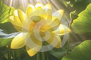 Yellow lotus flower is illuminated by sunlight, with large green leaves and a seed pod in the background