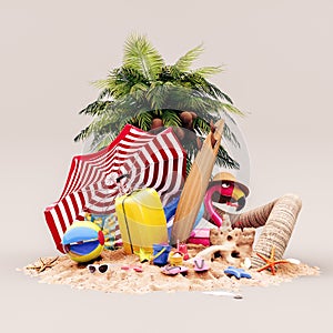 Yellow luggage with summer beach accessories and umbrella under the palm tree. Summer travel concept background.