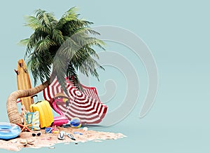 Yellow luggage with summer beach accessories and umbrella under the palm tree. Summer travel concept background with copy space.