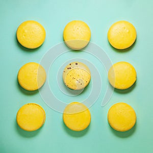 Yellow macaroons on blue background. Square form