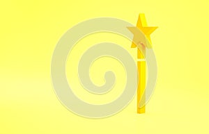 Yellow Magic wand icon isolated on yellow background. Star shape magic accessory. Magical power. Minimalism concept. 3d
