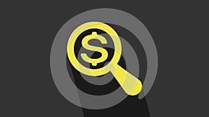 Yellow Magnifying glass and dollar icon isolated on grey background. Find money. Looking for money. 4K Video motion