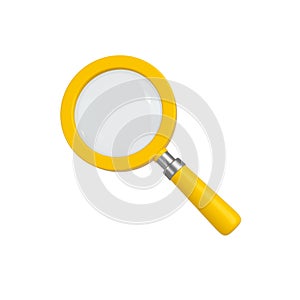 Yellow magnifying glass. Transparent loupe search icon for finding, reading, research, analysis or discovery concept. 3d rendering