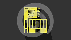 Yellow Mall or supermarket building with shopping cart icon isolated on grey background. Shop or store. 4K Video motion