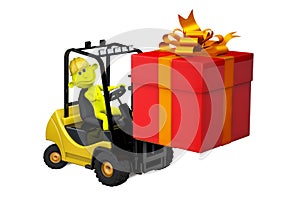 Yellow man on a loader with a gift by a holiday
