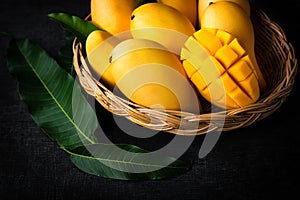 Yellow Mango Beautiful skin In the basket Blackboard background