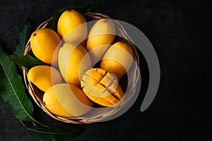 Yellow Mango Beautiful skin In the basket Blackboard background