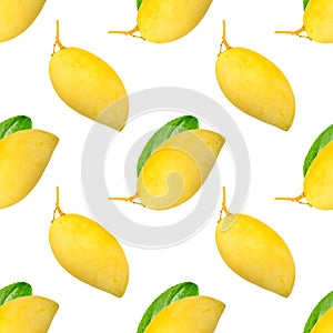Yellow mango and green leaf on a white background. Seamless pattern for design of clothes, printing on paper for packaging