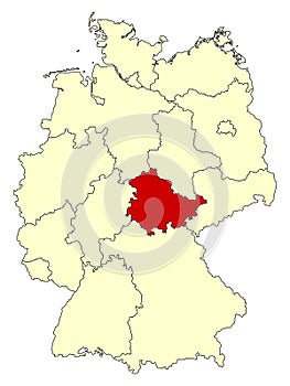Yellow map of Germany with federal state Thuringia isolated in red.
