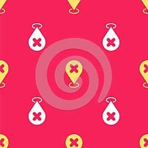 Yellow Map pin with cross mark icon isolated seamless pattern on red background. Navigation, pointer, location, map, gps