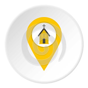 Yellow map pointer with church sign icon circle
