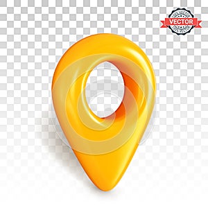Yellow map pointer or GPS location icon in three-quarter front view