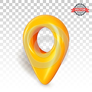 Yellow map pointer or GPS location icon in three-quarter front view