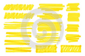 Yellow marker stroke lines, markers stripes. Highlighter for text, hand drawn elements to underline pen. Bright lines