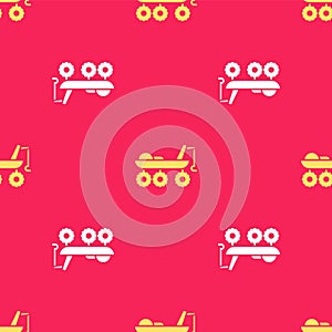 Yellow Mars rover icon isolated seamless pattern on red background. Space rover. Moonwalker sign. Apparatus for studying