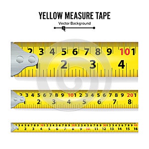 Yellow Measure Tape Vector. Measure Tool Equipment In Centimeters. Several Variants, Proportional Scaled.