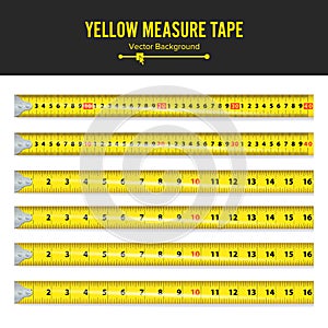 Yellow Measure Tape Vector. Measure Tool Equipment In Inches. Several Variants, Proportional Scaled.