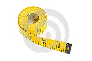 Yellow measure tape on white background