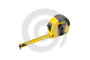Yellow measuring tape isolated on background.