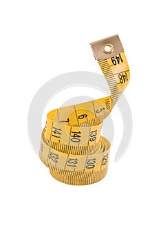 Yellow measuring tape isolated on white background photo