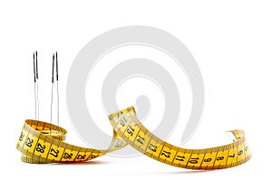 Yellow measuring tape isolated on white background. Measuring tape with needles for acupuncture