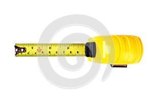 Yellow measuring tape isolated on white background, Top View. 4 in