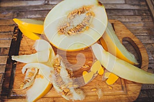 Yellow melon Cantaloupe slices with shape heart