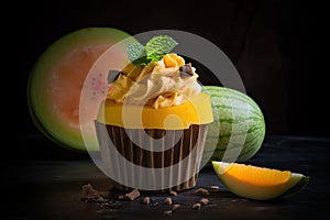 Yellow Melon Cupcake, Color Cup Cake, Delicious Fruit Cupcakes, Abstract Generative AI Illustration