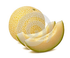 Yellow melon, whole and pieces, isolated on white