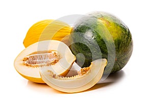 Two yellow melons and a watermelon. Isolate on white background