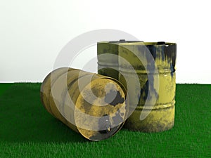 Yellow metal barrel oil on green grass, old dirty isolated on wh