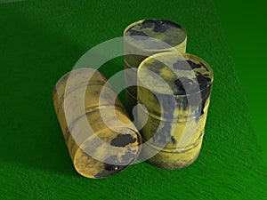 Yellow metal barrel oil on green grass, old dirty isolated on wh