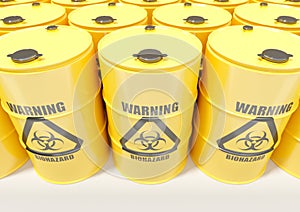 Yellow metal barrels with black biohazard warning sign on white background