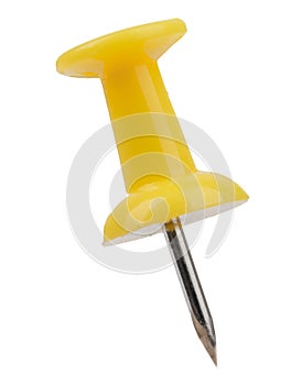 Yellow metal pin with a needle isolated on white